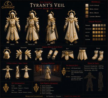 Concept art titled 'TYRANT'S VEIL' from 'World of Warcraft' displaying character model turnarounds, color palette options, and design details for a priest armor set.