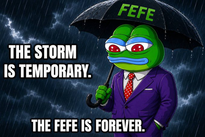 A Pepe the Frog meme in a suit holding an umbrella with 'FEFE' written on it, captioned 'THE STORM IS TEMPORARY. THE FEFE IS FOREVER.'