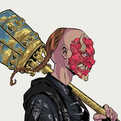A stylized illustration of a character with a red demon mask and shaved head, carrying a large ornate golden hammer on his shoulder.