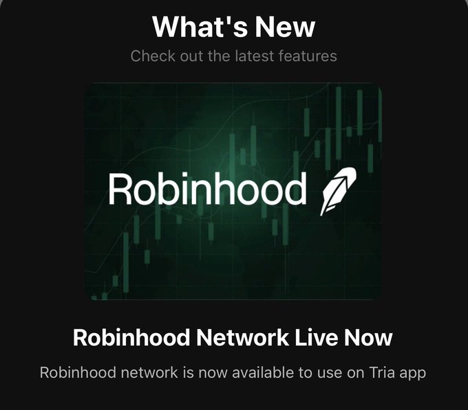 A dark-themed announcement graphic reading 'What's New - Robinhood Network Live Now' with a Robinhood logo over a green candlestick chart, noting the network is now available on the Tria app.