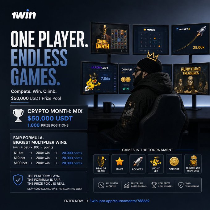 A promotional banner for the 1win "Crypto Month: Mix" tournament advertises a $50,000 USDT prize pool with 1,000 winning positions, featuring a player wearing a crown surrounded by six monitors displaying the eligible games (Deal or Death, Mines, Rocket X, Lucky Jet, Coinflip, and Mummyland Treasures). The image pairs with the post by visually reinforcing the tournament's appeal—highlighting the $50,000 prize pool, broad crypto eligibility, and the simple (win ÷ bet) × 100 scoring formula the post urges readers not to miss.