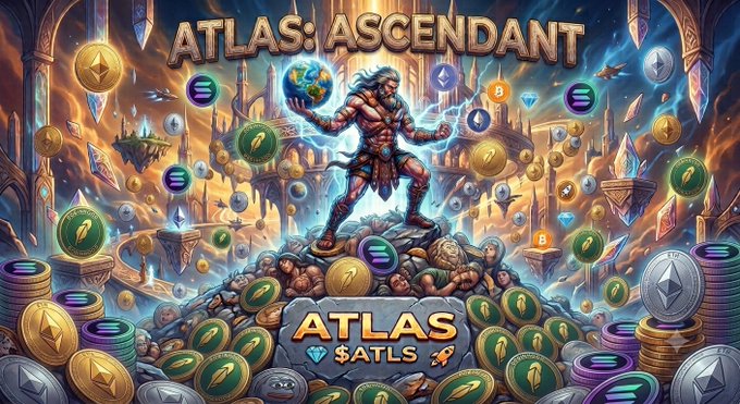 A vibrant fantasy promotional graphic titled 'ATLAS: ASCENDANT' features a muscular warrior holding a glowing orb, surrounded by floating cryptocurrency coins and stacked tokens, with 'ATLAS $ATLS' branding displayed below.