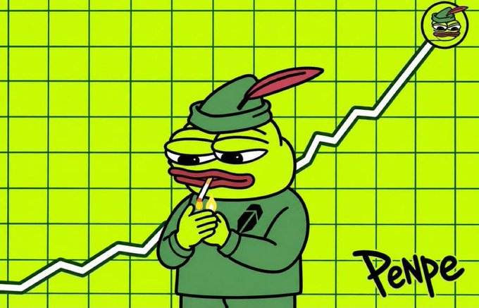 A cartoon Pepe character wearing a green Robin Hood-style hat and lighting a lighter stands before a rising upward chart on a green grid background, with "PENPE" signed in the bottom right corner—visually representing the $PENPE token's 500% surge and new all-time high market cap highlighted in the post.