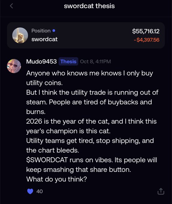 A social media post for 'swordcat thesis' showing a portfolio value of $55,716.12, featuring a 'Thesis' comment from user 'Mudo9453' arguing that $SWORDCAT will outperform utility coins in 2026.