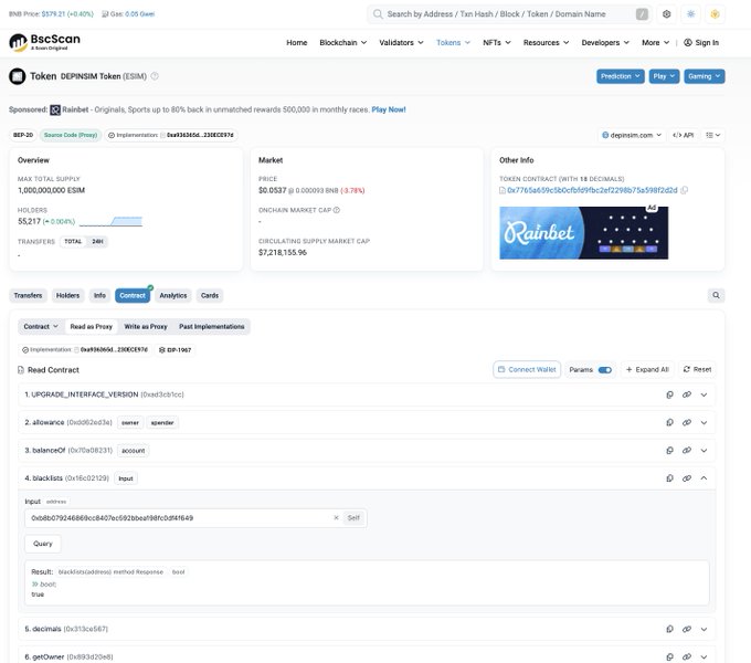 A BscScan page displaying details for the DEPRISM Token (ESIM), showing a market cap of $7,218,155.96 and contract information.