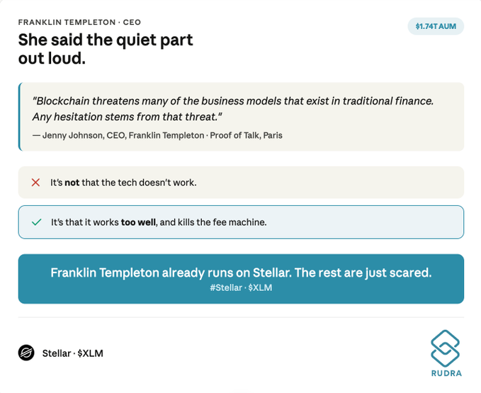 The image shows a flyer about the CEO of Franklin Templeton's asset manager and his experience with blockchain technology. The text on the flyer states that the CEO was recently interviewed by Forbes, and he revealed that many businesses are worried about blockchain causing disruptions in traditional finance models due to its disruptive impact on traditional financial systems. Additionally, the CEO discussed how he is not scared of blockchain because it works too well for his firm and even kills their fees, as evidenced by a $1,740,000,000,000 asset manager.