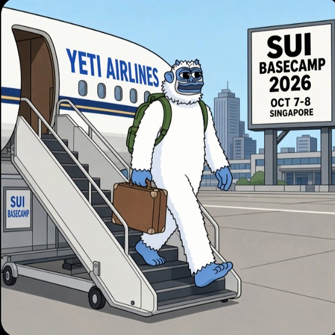 An illustration of a blue-faced yeti character carrying a brown suitcase and green backpack, descending airplane stairs from a "YETI AIRLINES" plane, with a billboard advertising "SUI BASECAMP 2026, OCT 7-8, SINGAPORE."