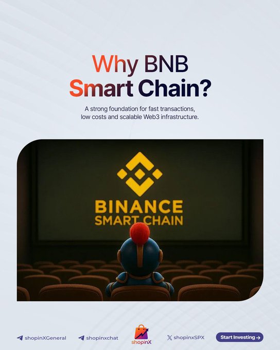 The image is a promotional graphic titled "Why BNB Smart Chain?" with the subtitle "A strong foundation for fast transactions, low costs and scalable Web3 infrastructure," featuring an illustration of a red-capped character watching the Binance Smart Chain logo on a movie theater screen, while the ShopinX branding and a "Start Investing" button appear at the bottom to align with the post's message about ShopinX leveraging BNB Smart Chain for its Web3 commerce platform.