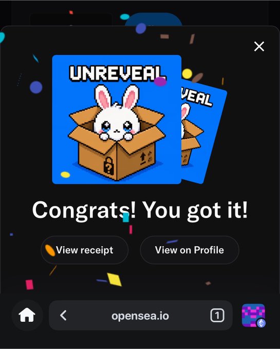 An OpenSea notification screen on a mobile browser celebrating an NFT reveal ('Congrats! You got it!') featuring a pixel art white bunny in a cardboard box with a lock.