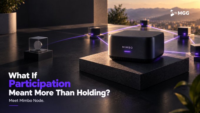 A futuristic black "MIMBO" device sits on a pedestal at the center of a connected network of glowing purple nodes, illustrating the MGG Web3 concept of active participation beyond simply holding tokens. The promotional tagline "What If Participation Meant More Than Holding? Meet Mimbo Node" reinforces the image's emphasis on node-based engagement within the ecosystem.