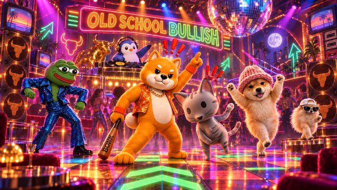 A vibrant, neon-lit scene featuring cartoonish characters including a frog, a cat, and Shiba Inu dogs dancing on a stage under a disco ball, with a sign reading 'OLD SCHOOL BULLISH'.