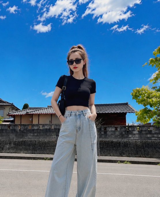 A woman in a black crop top, light blue wide-leg jeans, and sunglasses poses outdoors on a sunny day with a blue sky and a tiled-roof building in the background.