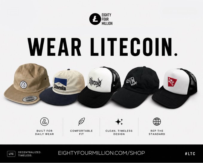 An advertisement showing five different hats with 'WEAR LITECOIN.' text, featuring the Litecoin logo, brand 'EIGHTY FOUR MILLION', and a website 'EIGHTYFOURMILLION.COM/SHOP'.