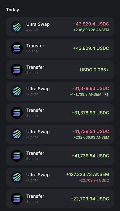 The image displays a transaction history showing multiple Ultra Swaps on Jupiter involving USDC and ANSEM tokens, with notable amounts like 236,803.26 ANSEM received for 43,829.4 USDC and 232,666.63 ANSEM for 41,739.54 USDC, supporting the post's claim about $ANSEM as a bullish sign.