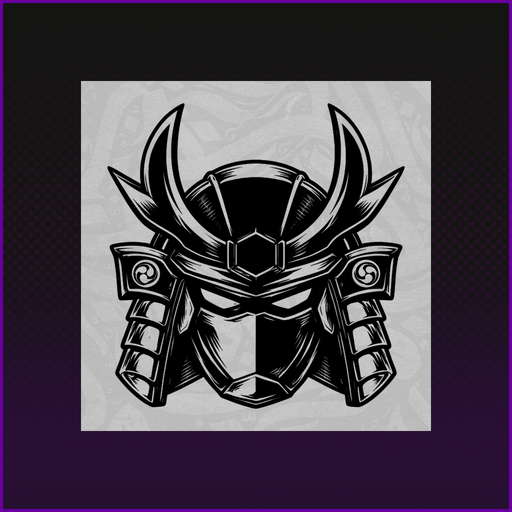 A black and white samurai helmet (kabuto) illustration with horn-like protrusions and family crests, displayed against a purple background.