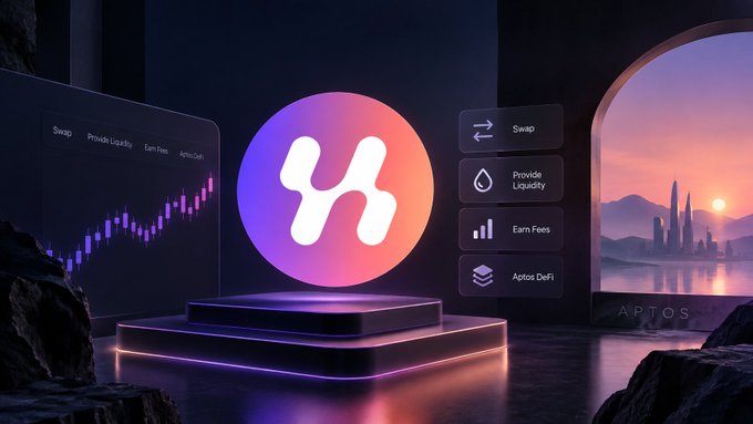 A digital rendering displaying a stylized 'H' logo for Hashflow on a pedestal, surrounded by features like Swap, Provide Liquidity, Earn Fees, and Aptos DeFi, with a futuristic cityscape in the background.