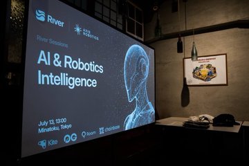 A promotional banner for a 'River Sessions' event titled 'AI & Robotics Intelligence' scheduled for July 13, 2025, in Minato, Tokyo, featuring a digital profile of a human head.