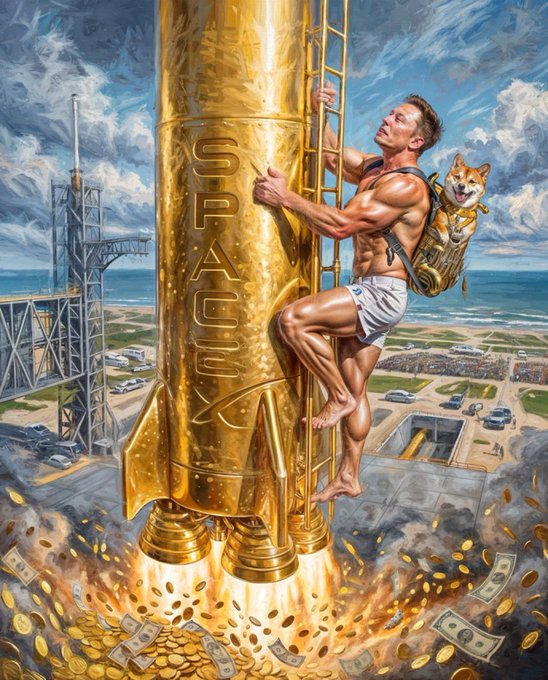 urn of gold coins, a man in white shorts and a dog on his shoulder, and a rocket ship labeled "SPACEX" are featured in an abstract painting.