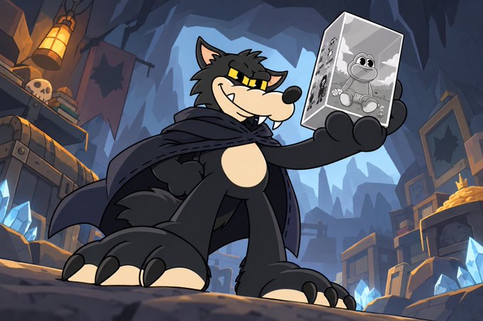A cartoon illustration depicts a black, wolf-like cartoon character wearing a dark cloak in a cavern filled with treasure, holding up a translucent block containing a smaller, gray cartoon creature.