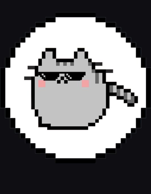 A pixel art illustration of a small gray cat with pixelated sunglasses and pink cheeks, surrounded by a white cloud-like or speech bubble shape against a dark background.