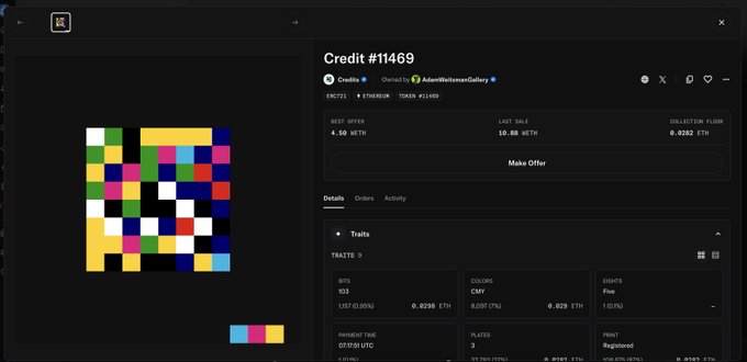 An NFT marketplace interface displaying 'Credit #114669' from AdamWalshiesGallery, showing a colorful pixel-art piece with various pricing details including 4.58 WETH best offer.