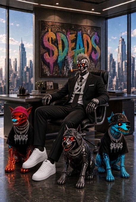 A digital artwork featuring a cybernetic figure in a suit smoking a cigar in an office, with three dogs wearing gold chains and 'SDEADS' shirts, and graffiti art behind them.