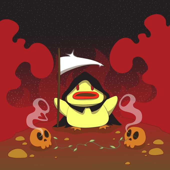 A surreal illustration of a yellow chick wearing a black grim reaper hood and holding a scythe, standing on a red planet with two smoking skulls and a string of lights against a starry red sky.