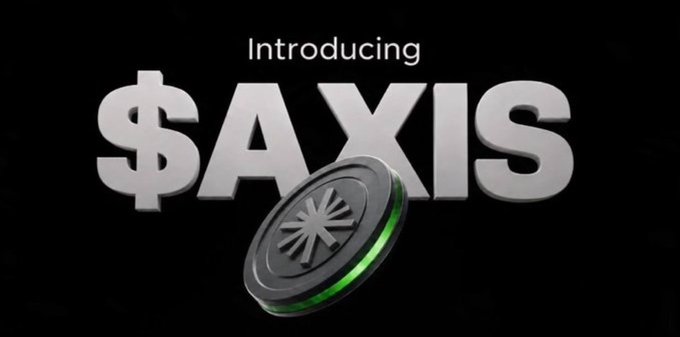 A promotional graphic introducing '$AXIS' cryptocurrency, featuring the large text alongside a metallic coin with green accents and a starburst design.