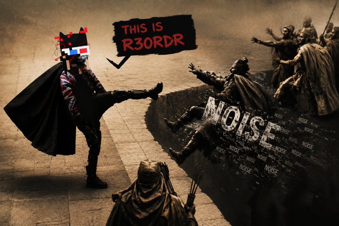 A stylized figure with a pixelated "TV glitch" head and Union Jack outfit kicks statues labeled "NOISE" while a speech bubble reads "THIS IS R3ORDR," matching the post's announcement that "WE ARE R3ORDR" as a bold rejection of the noise/crowd.
