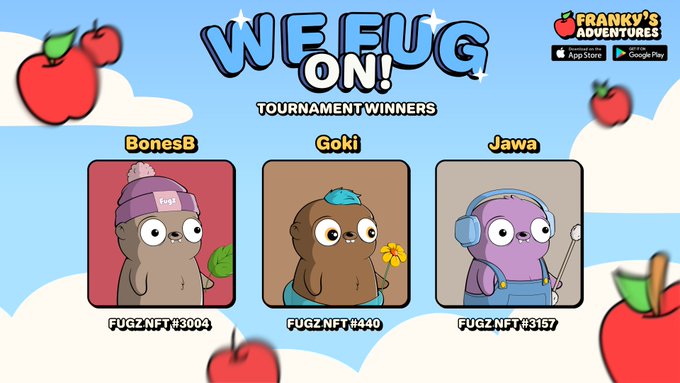 The image shows three cartoon characters from "We Fug On!" competing against each other, with one character being a brown bear, another a purple pig, and the third a green frog. The text at the bottom of the image reads "The" We'fug On! Tournament has officially ended! We're thrilled to announce the winners from each phase: BonesB NFT @FugzOfficial NFT @ChimpiGoki @JawaV76277 Please create a ticket in our server to claim your prize.".