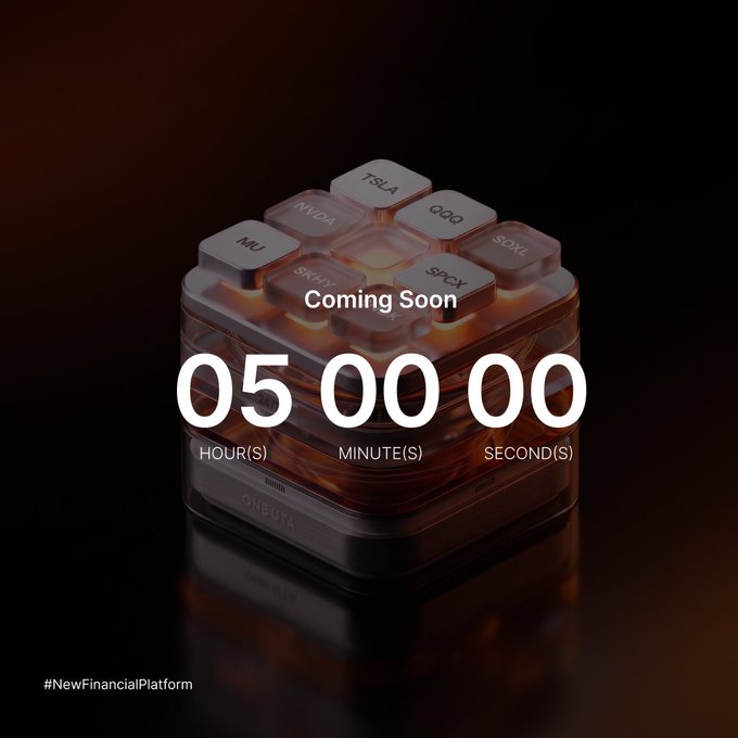 A dramatic 3D-rendered cube features translucent buttons labeled with stock tickers (TSLA, NVDA, MU, SOXL, QQQ, SPY) and displays a "Coming Soon" countdown timer at "05:00:00" for hours, minutes, and seconds, perfectly matching the post's announcement of a new 24/7 financial trading platform launching in five hours.