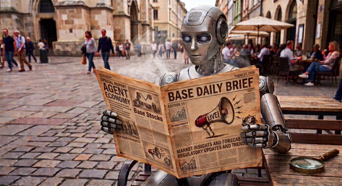 An AI-generated image of a humanoid robot sitting at an outdoor cafe in a European city square, reading a newspaper titled 'BASE DAILY BRIEF' featuring headlines about 'AGENT ECONOMY' and 'Base Stocks'.