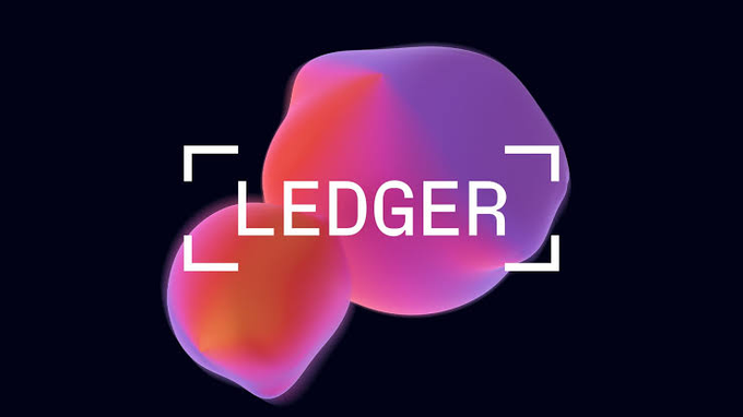 The 'LEDGER' logo appears in white text with corner brackets, overlaid on an abstract 3D shape with pink, purple, and orange gradients against a dark background.