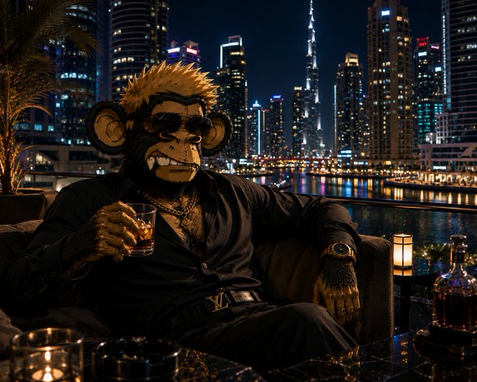 A surreal digital artwork showing a chimpanzee with blonde hair, wearing sunglasses, a gold chain, and a watch, relaxing on a couch with a drink while overlooking a nighttime city skyline with the Burj Khalifa.