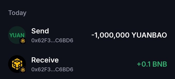 A cryptocurrency transaction screenshot showing a Send of -1,000,000 YUANBAO and a Receive of +0.1 BNB, both linked to the address 0x62F3...C6BD6.
