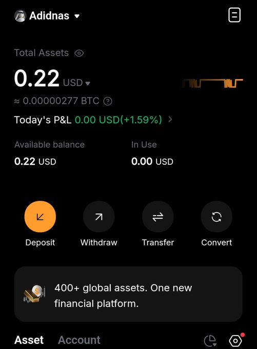 A mobile screenshot of a financial account named 'Adidnas' showing Total Assets of 0.22 USD (approximately 0.00000277 BTC) with a +1.59% daily P&L, featuring Deposit, Withdraw, Transfer, and Convert options.