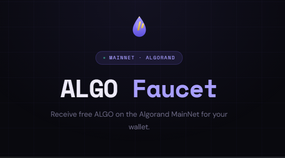 The image shows a dark-themed landing page for an "ALGO Faucet" on the Algorand MainNet, featuring a purple droplet logo and the tagline "Receive free ALGO on the Algorand MainNet for your wallet." This directly corresponds to the post promoting faucet.criptomedia.com.br as a way to claim free $ALGO tokens, serving as a visual preview of the faucet's homepage for the #algofam community.
