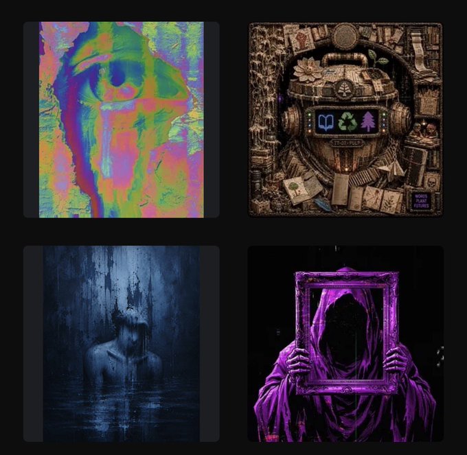 A 2x2 grid of dark, surreal digital artworks featuring a colorful glitched face, a mechanical device with icons, a figure emerging from water, and a cloaked figure holding a glowing purple frame.