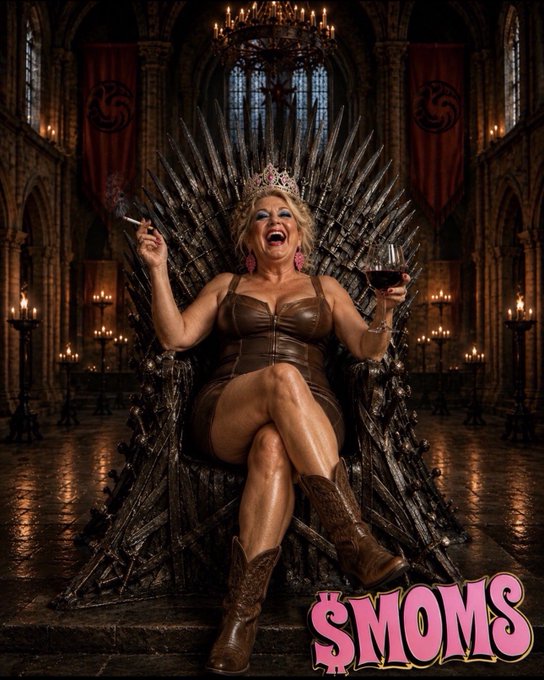 An AI-generated parody image of a woman in a brown leather dress and cowboy boots sitting on the Iron Throne from Game of Thrones, holding a cigarette and wine glass, with the text '$MOMS' displayed in pink at the bottom.