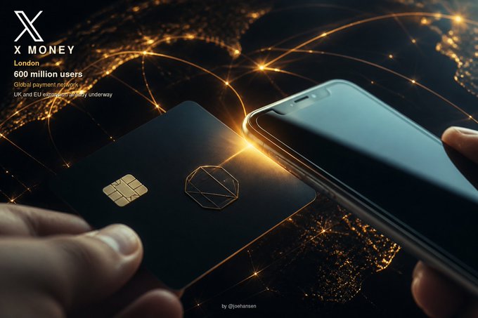 A promotional image for 'X MONEY London' highlighting 600 million users and global payment network features, showing a hand holding a smartphone and a black credit card against a starry background.