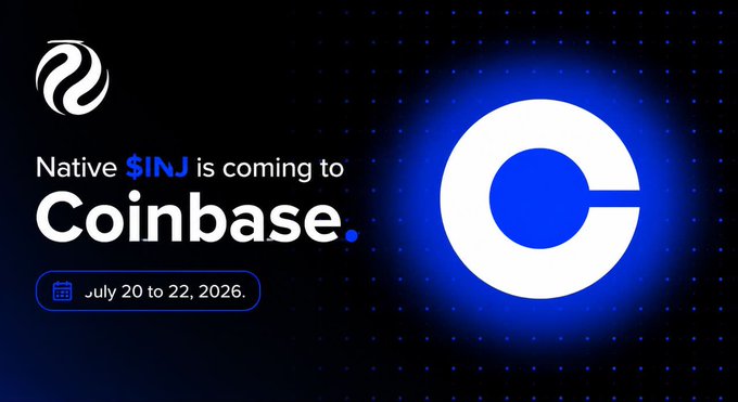 The image features a promotional poster for native $INJ, which is coming to Coinbase. The poster displays the native $INJ logo along with the text "Native $INJ is coming to Coinbase." It also includes details about the migration of native $INJ from ERC-20 on Ethereum to native $INJ on the @Injective EVM, highlighting that every native $INJ on Coinbase converts automatically at 1:1 with no transaction fees. The poster emphasizes the significance and impact of this transition for both native $INJ users and the cryptocurrency ecosystem as a whole.