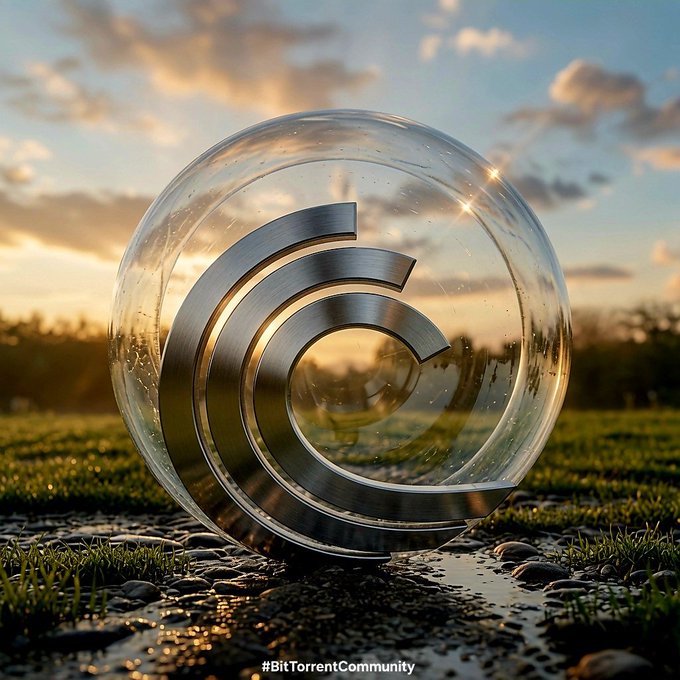 A transparent sphere encases a metallic "B" logo, set against a sunset sky with a grassy field. The hashtag "#BitTorrentCommunity" appears at the bottom, reinforcing the post's message of BitTorrent's role as a decentralized, censorship-resistant network.