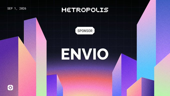 A futuristic, vaporwave-style promotional banner dated 'SEP 1, 2026' for an event called 'METROPOLIS' featuring 'SPONSOR ENVIO' against a neon-colored cityscape backdrop.