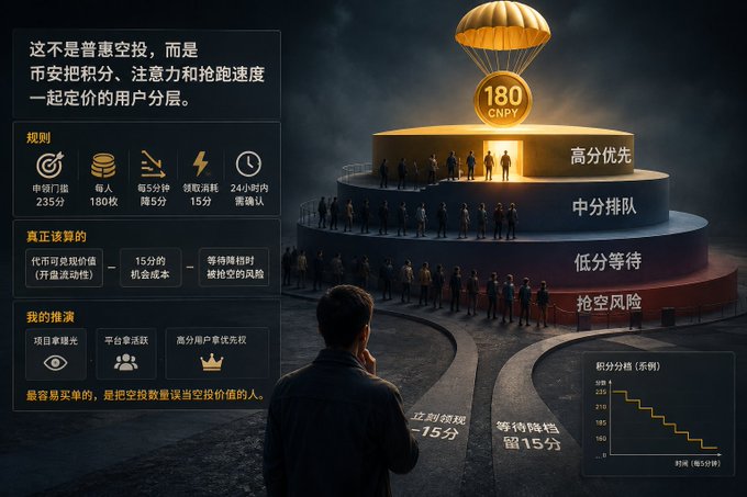 An infographic in Chinese explaining cryptocurrency airdrop mechanics, showing a tiered queue system (高分优先, 中分排队, 低分等待) under a parachute labeled '180 CNPY', with rules regarding time, points, and confirmation speed, plus a graph showing积分分格 declining over 15 minutes.