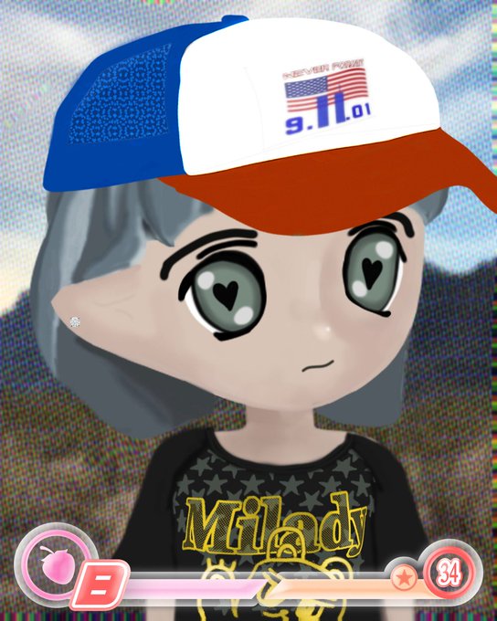 An anime-style virtual avatar with gray hair wearing a blue, white, and red cap with '9.11.01' and an American flag, plus a 'Milady' shirt.