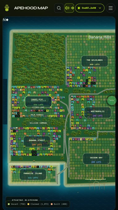 An interactive 'APEHOOD MAP' showing a virtual real estate grid with neighborhoods like Banana Hills, The Wildlands (400 LOTS), Canary Mesa, Apetropolis (268 LOTS), Banana Street (290 LOTS), SaiGon Bay (209 LOTS), and Paradise Island (111 LOTS), with a platform token '0xd57...2698'.