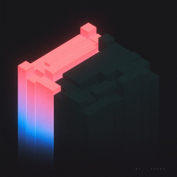 A digital art piece featuring isometric geometric shapes, with a pink-to-blue gradient structure contrasting against a dark green/black form against a black background.