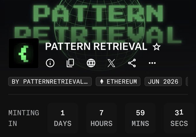 This image features a screenshot from an online marketplace where Pattern Retrieval is being sold. The title of the advertisement stands out with bright green letters that read "Pattern Retrieval", emphasizing its main subject. On the right side, there are various buttons displaying the details about Ethereum minting on June 9th. The image also includes text showing how to remove a team's allocation and what happens when everyone mails their full allocation.