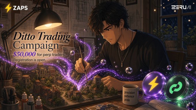 An anime-style promotional graphic for a 'Ditto Trading Campaign' offering '$50,000 for perp traders,' featuring a young man drawing, with logos for ZAPS and ZERU AI visible.
