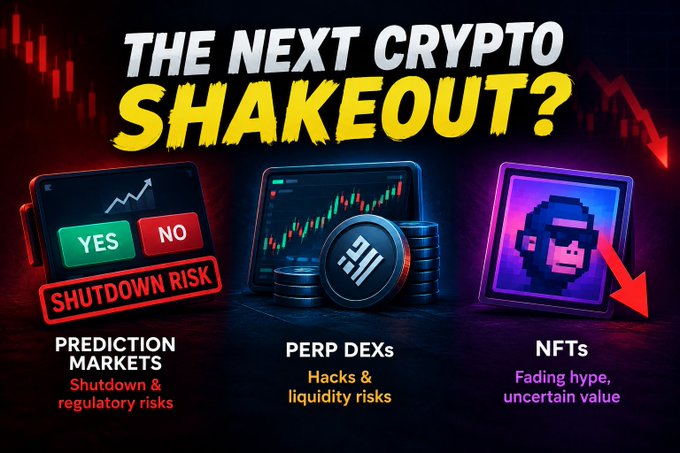A crypto-themed graphic titled 'The Next Crypto Shakeout?' highlighting prediction markets (shutdown & regulatory risks), perp DEXs (hacks & liquidity risks), and NFTs (fading hype, uncertain value).